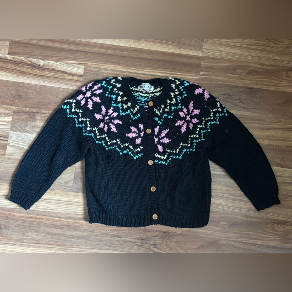 Handmade Navy Blue Cardigan with Pink yellow and teal Accents